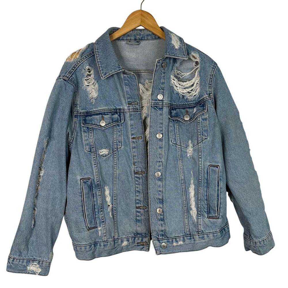 Topshop Light Denim Super Distressed Button Front Jean Jacket